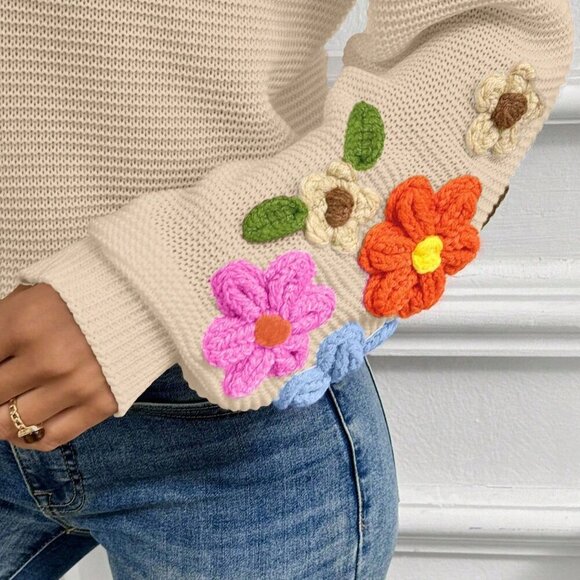 Apricot Casual Women's V-Neck Crochet Lantern Sleeve Pullover Sweater - Picture 7 of 7